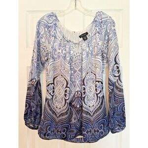 White House Black Market Blue Paisley Silky Blouse Size Small Long Sleeve